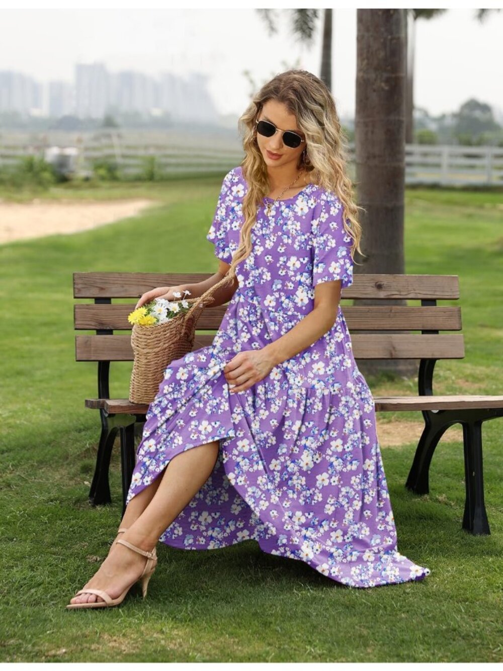 Women's Purple White Crew Neck Classic Short Sleeve Pull On Floral Maxi Dresses - Picture 2 of 4